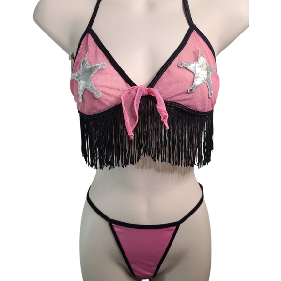 Sexy Sheriff Pink and Black Fringe Cowgirl Adult fun Cosplay Party Costume O/S - Picture 8 of 10